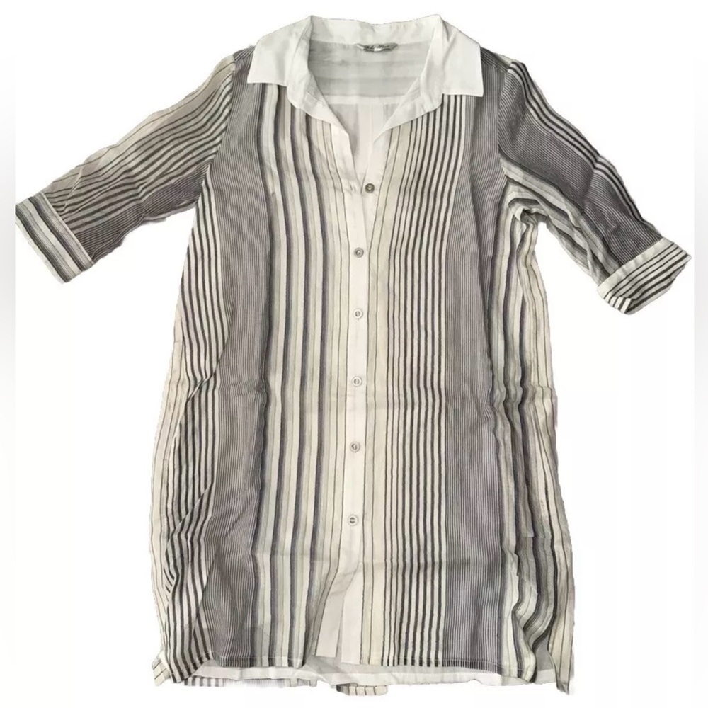 Redwood Court Blue/White 100% Linen Collared Long Button Up Shirt Dress Sz Sm